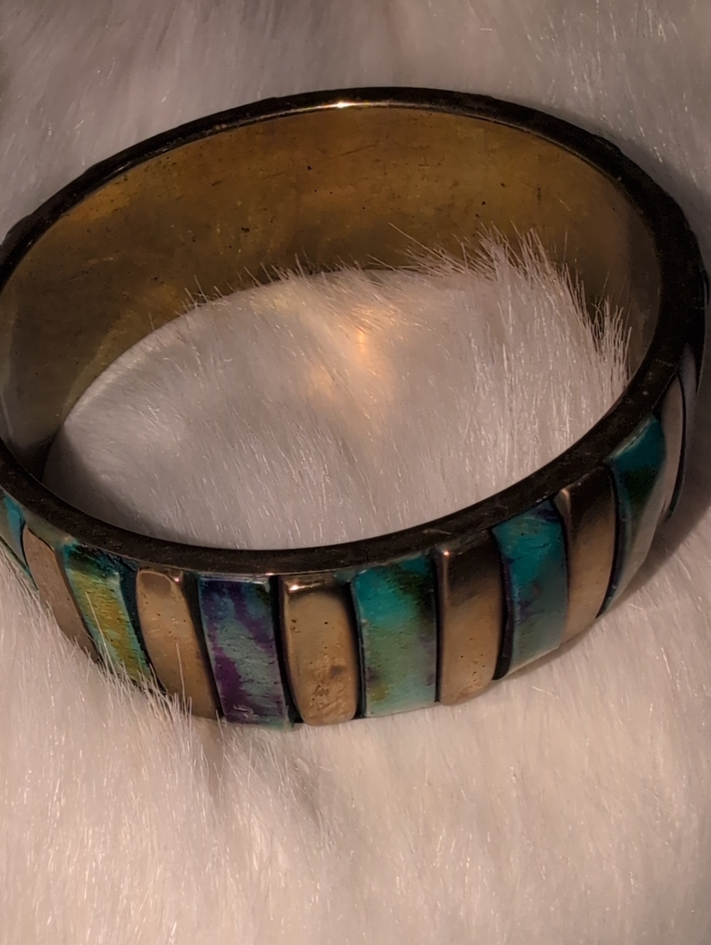 Vintage Hobo Brass Mosaic Turquoise Stone Inlay Brass Bracelet